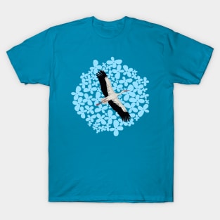 Stork and flowers on blue background T-Shirt